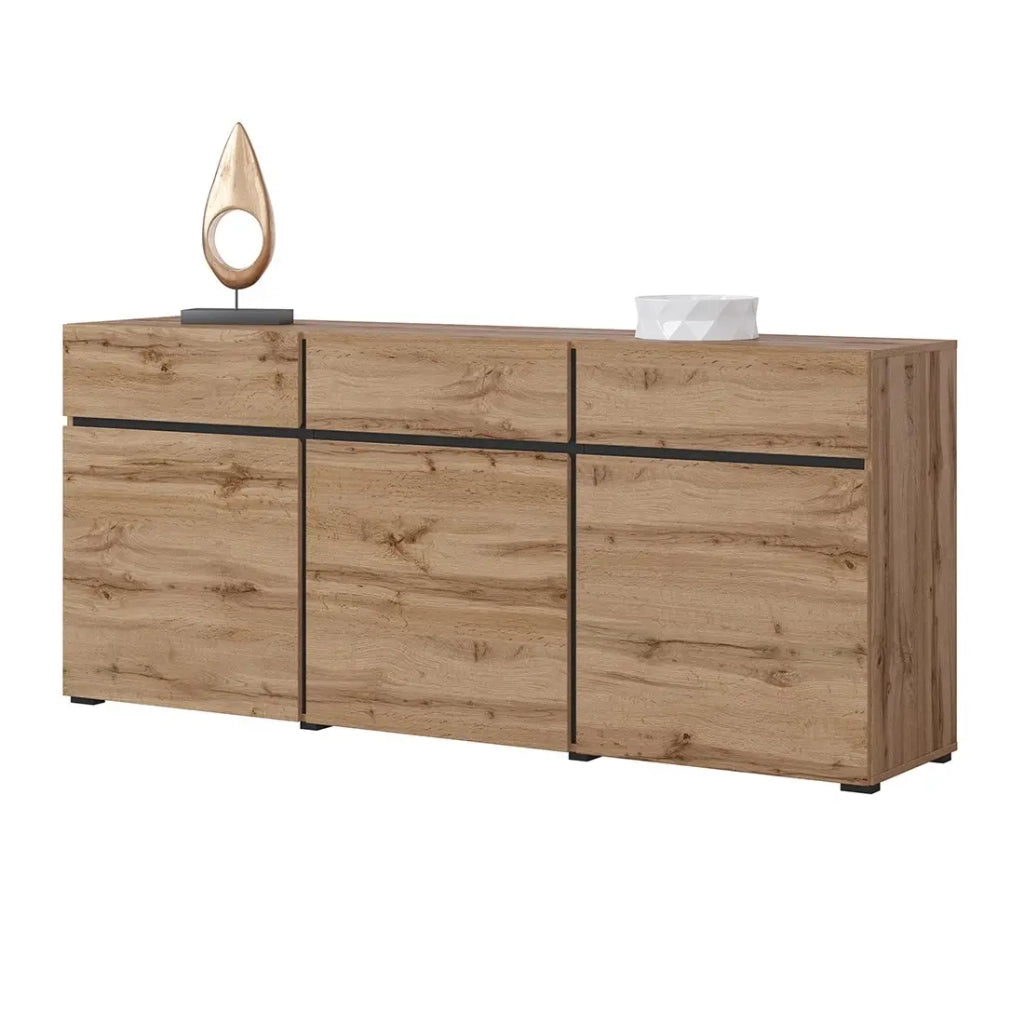 Buffet coloris chêne et noir 180cm collection HAVANA. Credenza design con 3 porte e 3 cassetti.