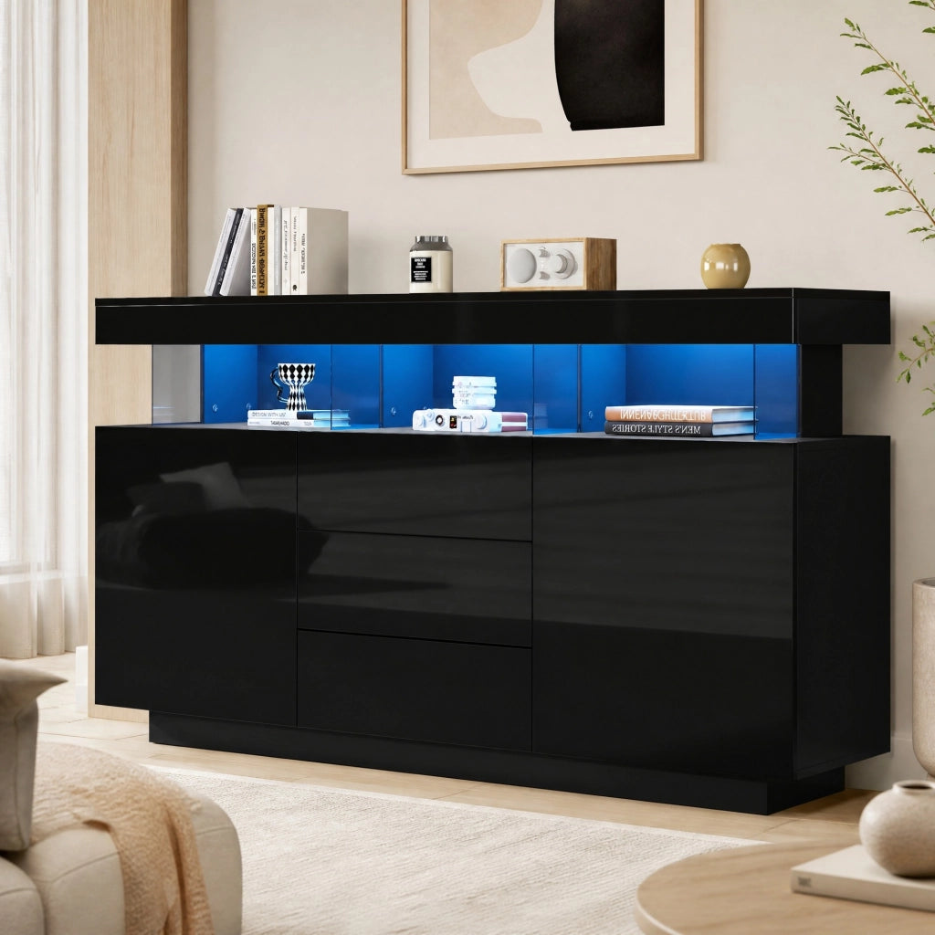 Credenza 140x35x80 cm con LED; 3 cassetti e vani aperti in truciolare e acrilico nero