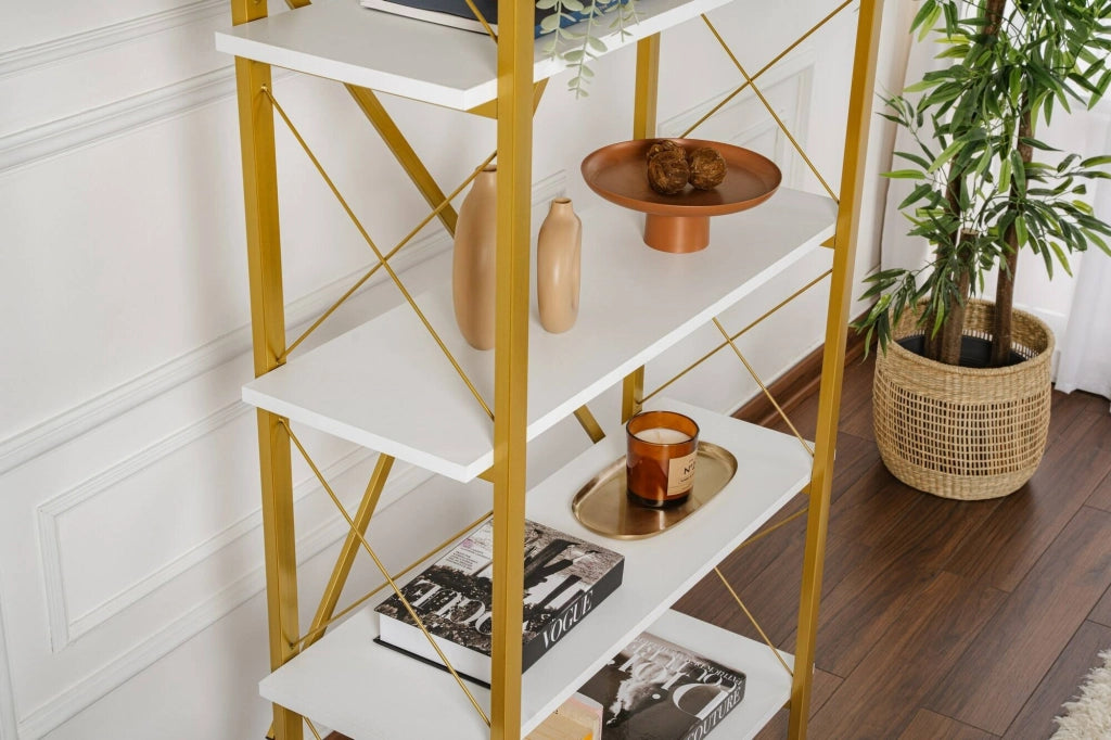 Libreria Suriel, Scaffale da ufficio, Mobile portalibri, Biblioteca, 90x34 h180 cm, Bianco e Oro