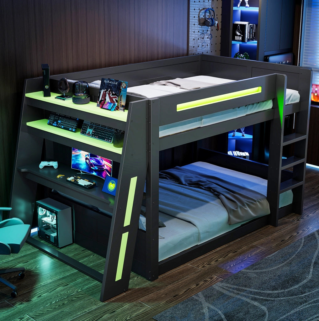 Letto a castello gaming 140x200 cm con scrivania; LED e USB in legno MDF e pino; nero