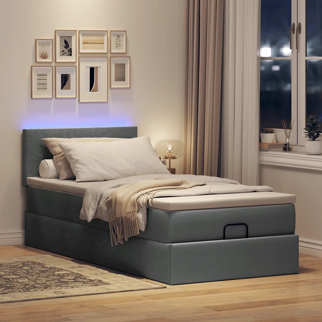 Pouf Letto con Materasso e LED Grigio Scuro 90x200 cm Tessuto