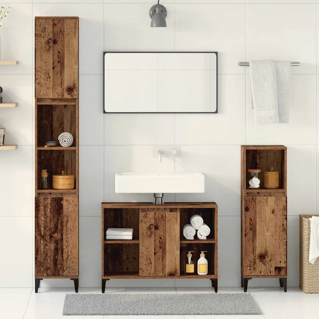 Set di mobili per il Bagno | Armadio da bagno con lo scaffale 3 pz Legno vecchio
