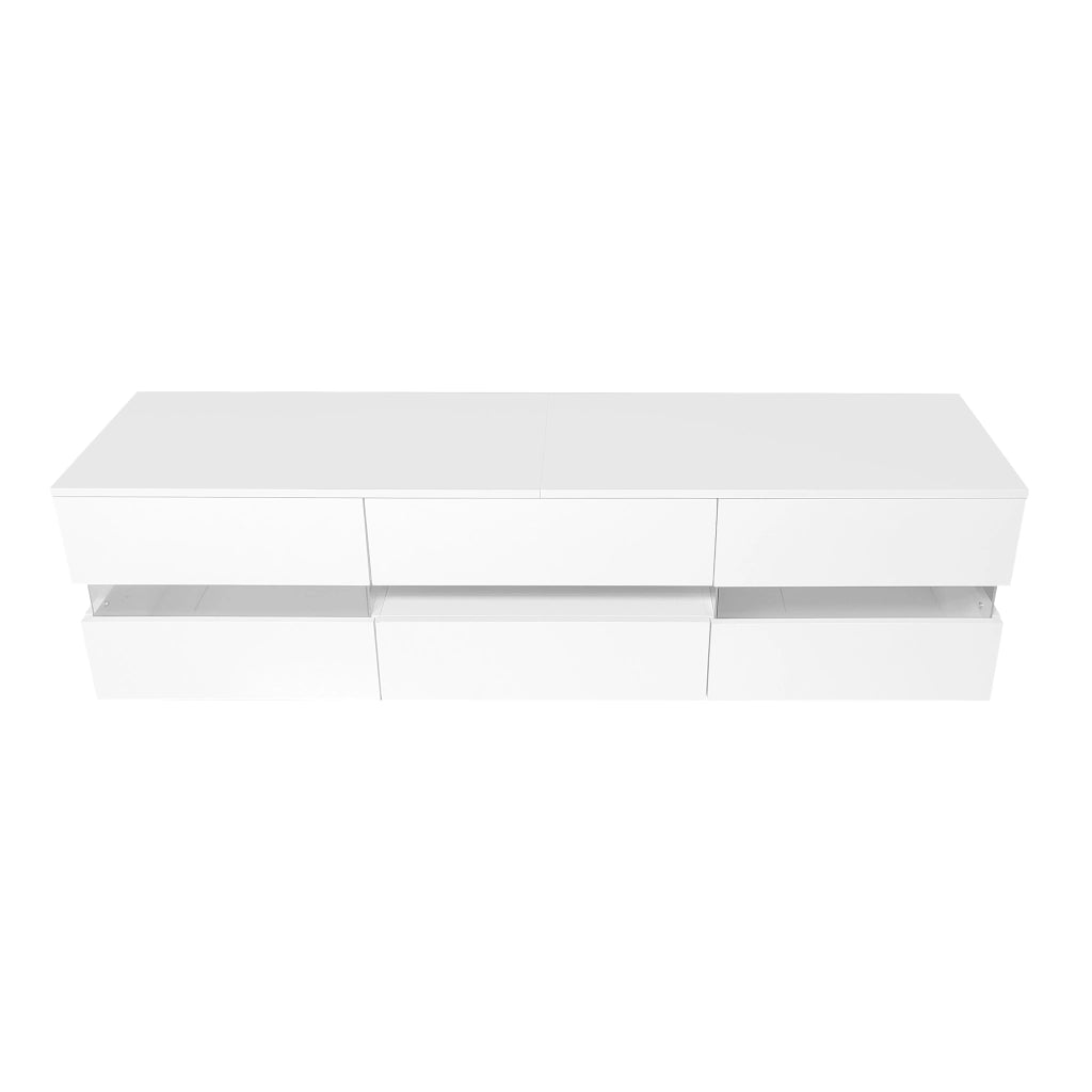 Mobile TV moderno bianco lucido 160x39x45 cm con LED, 2 ante, 1 cassetto, vano aperto, per TV fino a 70 pollici