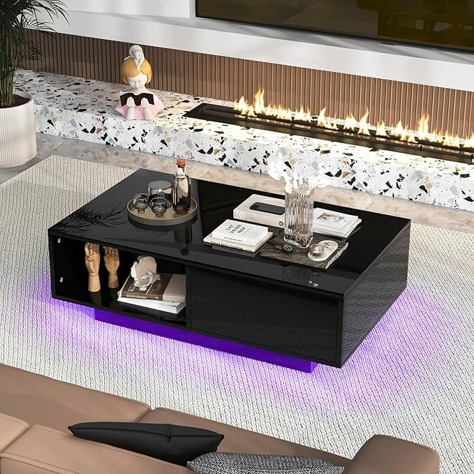 Tavolino da Salotto in Legno, Tavolino Moderno e Rettangolare con 20 Colori di Luci a LED, Telecomando, Cassetto e Ripiano Aperto, Tavolino per Studio e Ufficio (Nero)