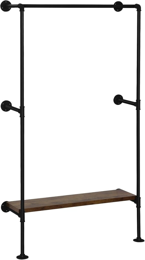 Appendiabiti Industriale, Guardaroba Aperto da Parete con Ripiano in Legno, Cabina Armadio Componibile in Tubi d’Acciaio, Nero + Marrone Vintage