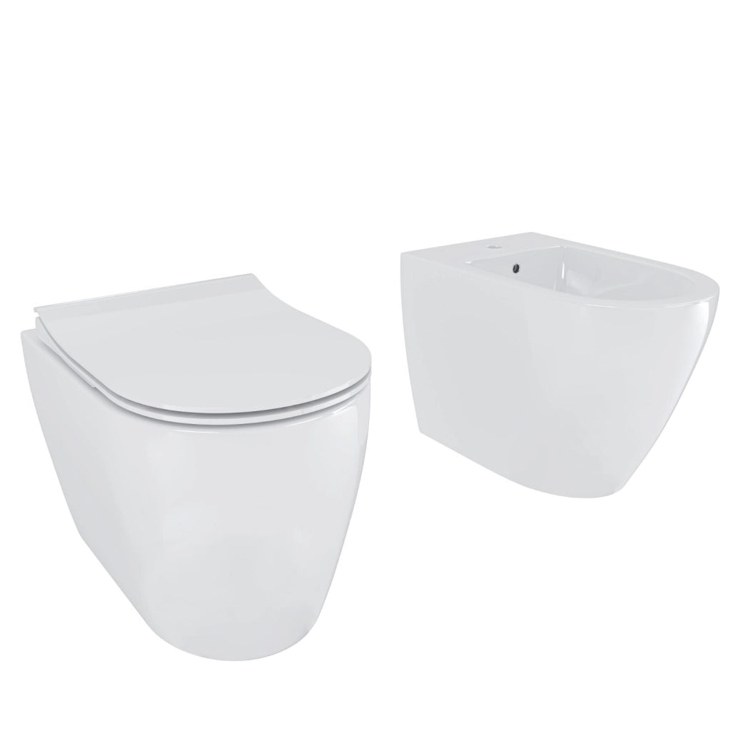 Sanitari Filo Muro Coppia Vaso WC E Bidet In Ceramica Design Moderno Completi Di Copriwater Chiusura Soft Close Ideali Per Arredo Bagno Elegante Colore Bianco Lucido