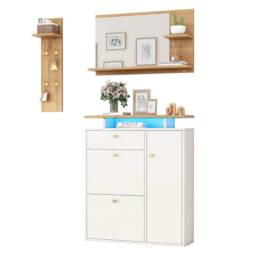 Set ingresso 3 pezzi - Xylo - Specchio, porta cappelli, armadio scarpe - LED, 4 ganci - Naturale o bianco - 105x25x151,5 cm