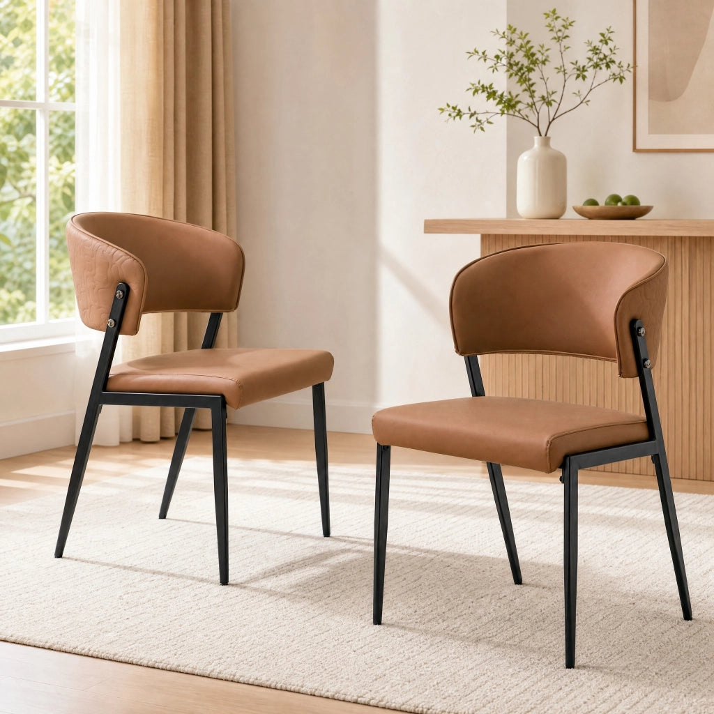 Sedia da pranzo moderna in pelle PU con schienale ergonomico e gambe in metallo marrone