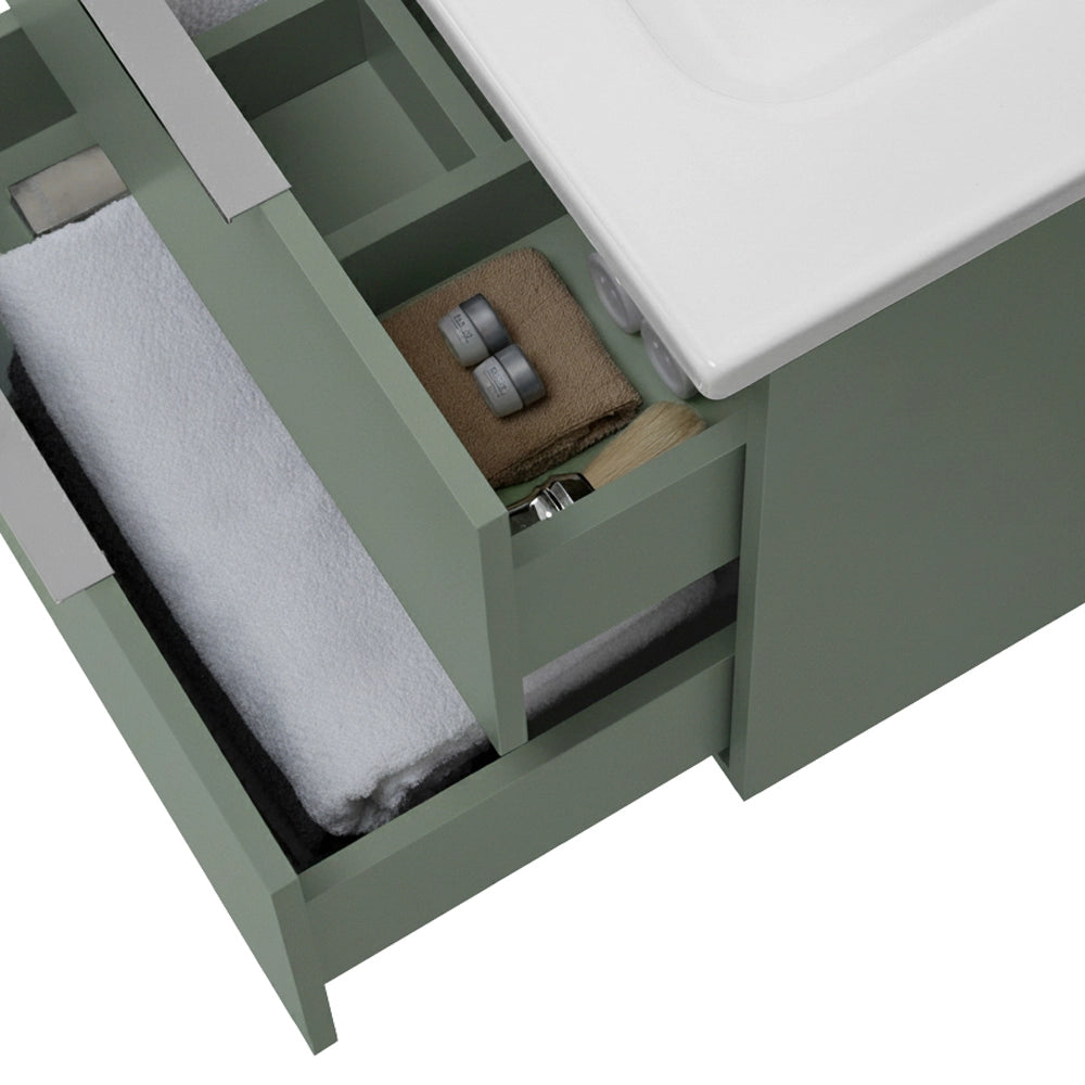 Mobile bagno sospeso 60cm verde opaco con cassetti lavabo e specchio Elva