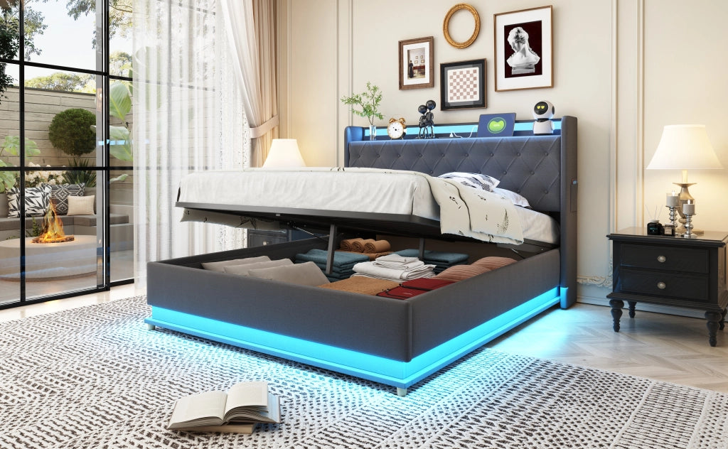 DESMIU Letto contenitore 140 × 200 cm 2 posti con LED, USB e vano idraulico, senza materasso, grigio