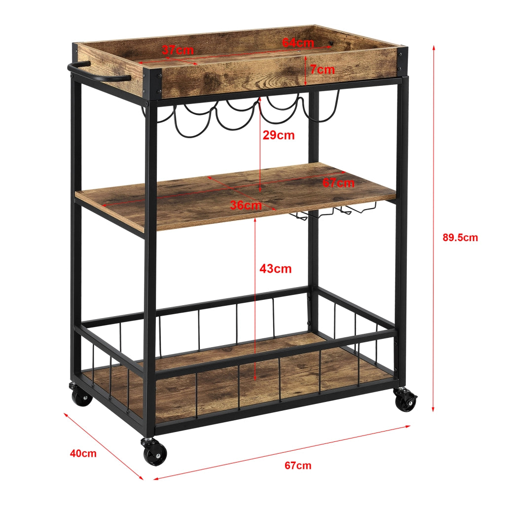 Carrello di Servizio con Vassoio Rimovibile e Ripiani in Color Legno Scuro Scaffale/Portavivande da Cucina/Mense con 4