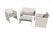 Salotto da esterno divano, due poltrone e tavolino, Polyrattan bianco, cuscini grigio chiaro Fredi Cileva