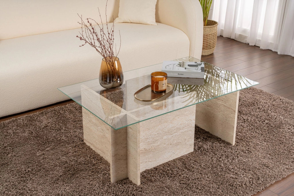 Tavolino in legno "Vetrino" - 105 x 65 x 40 cm - Travertino