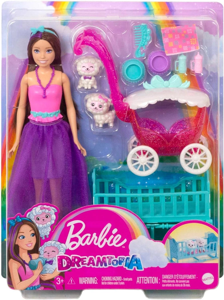 Barbie - Bambola Barbie Skipper Set Dreamtopia, playset con bambola Skipper, due agnellini, un passeggino a forma di car