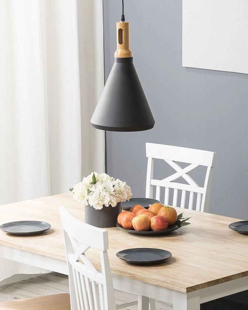 Lampadario Lampada a Sospensione Nera con Paralume Conico in Alluminio dorato e Legno Chiaro Design Industriale