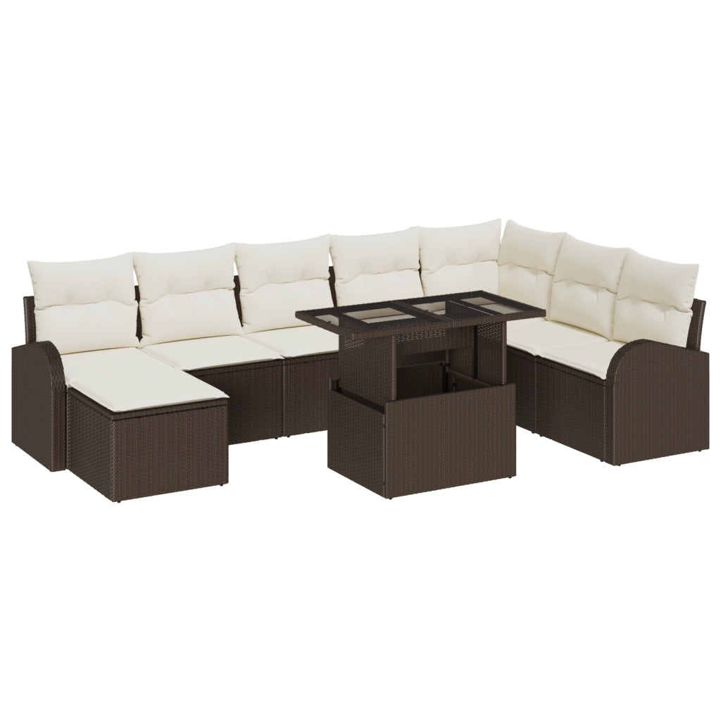 Set Divano Giardino da 9 Pezzi con Cuscini Marrone in Polyrattan