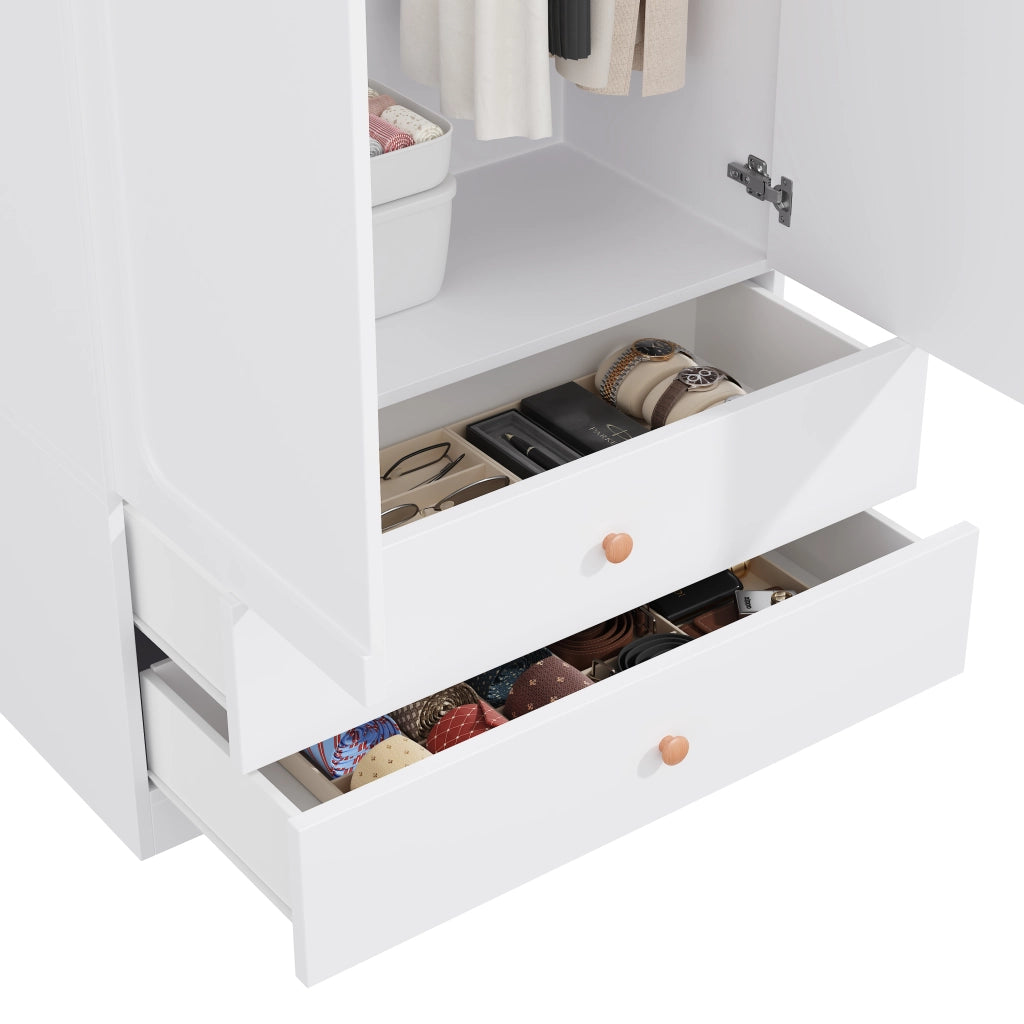 Armadio 90x45x200 cm con 2 cassetti e asta appendiabiti in legno MDF e acciaio bianco