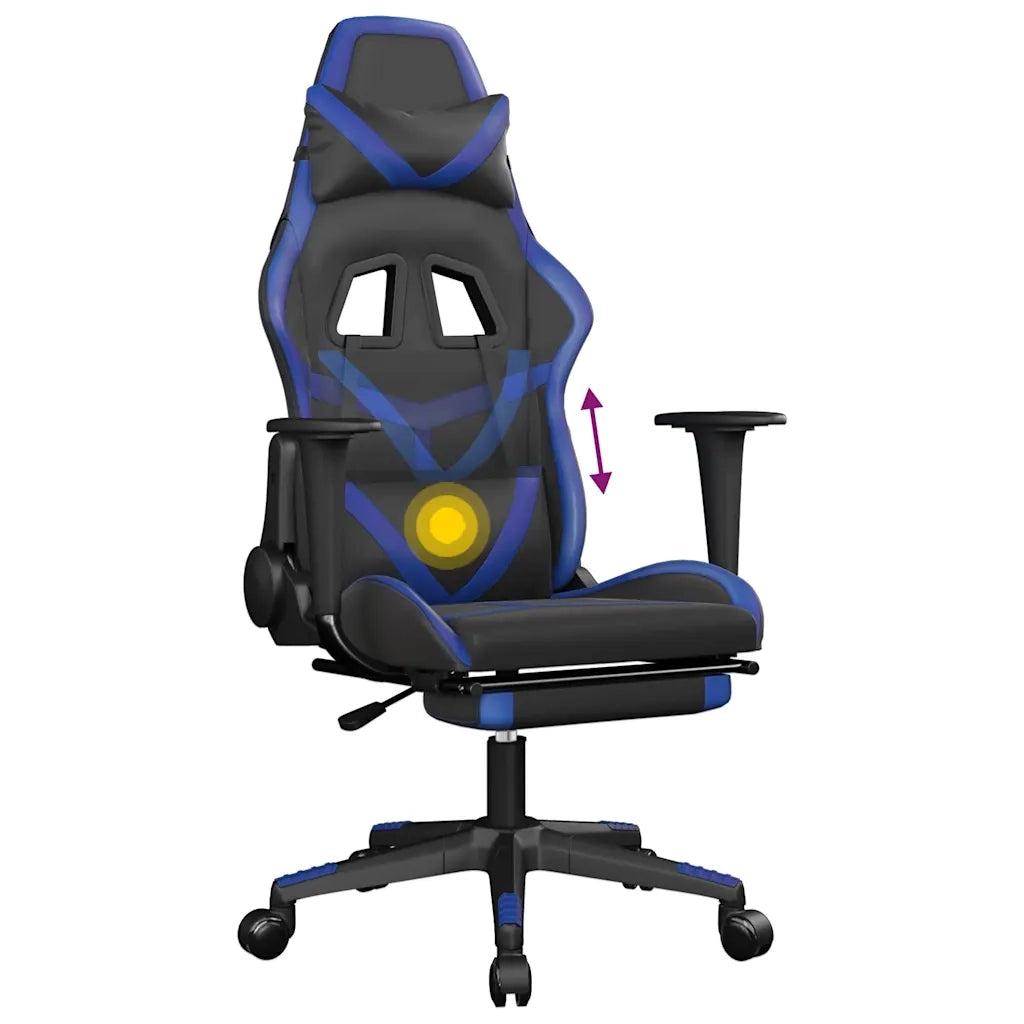 Sedia da Gaming | Sedia da e-sports Massaggiante Poggiapiedi Nero e Blu Similpelle