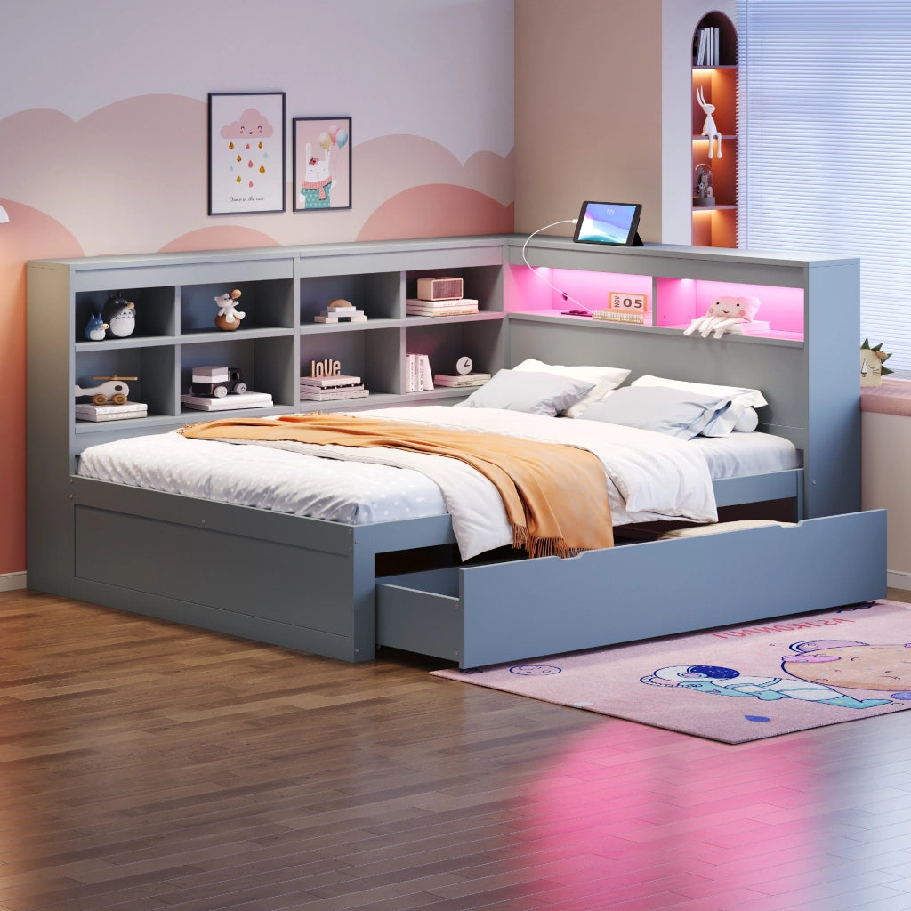 Divano letto 140x200 cm con contenitore; USB e LED in legno grigio