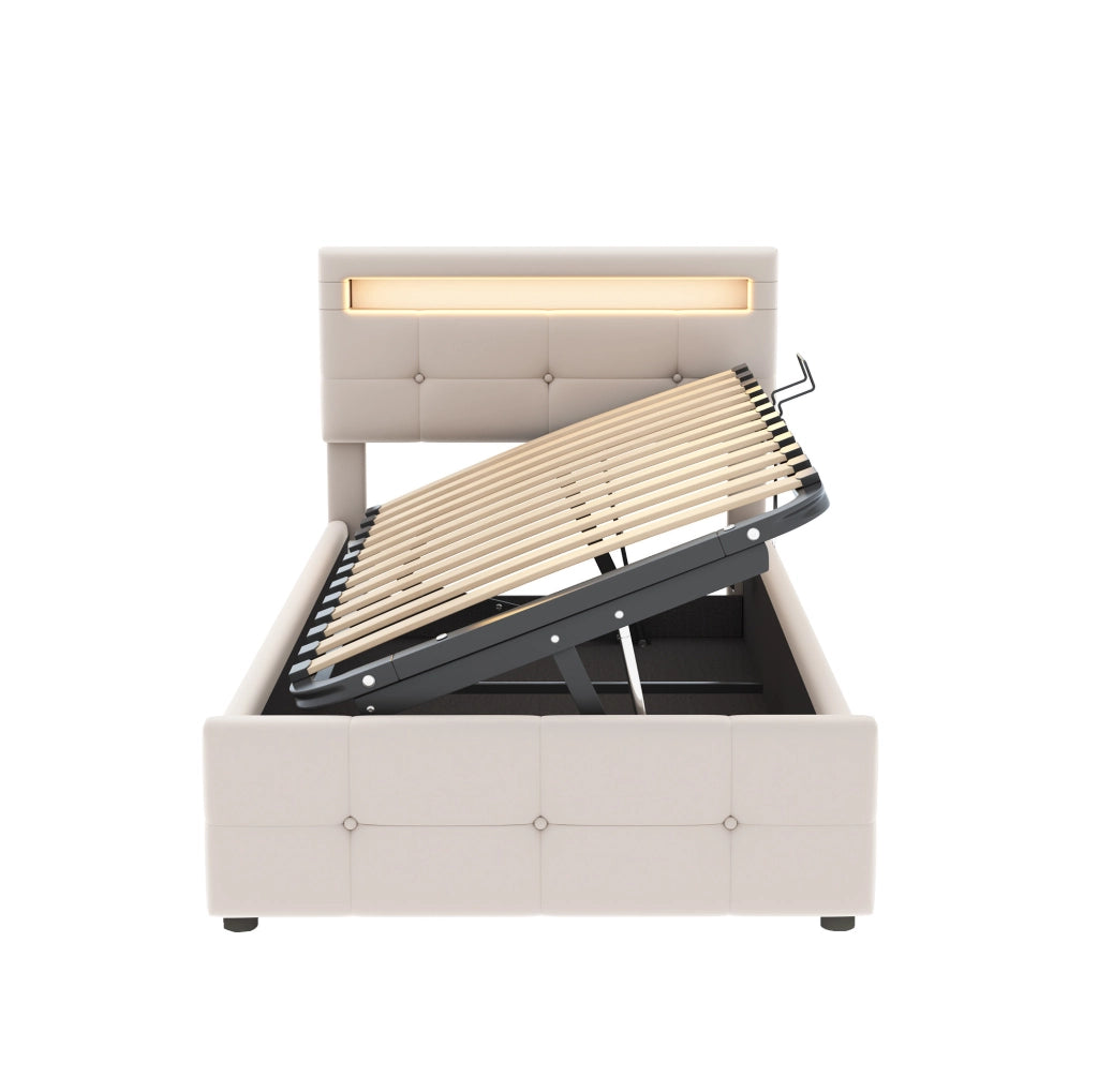 Letto imbottito 90x200 cm beige con LED, contenitore idraulico e testiera regolabile