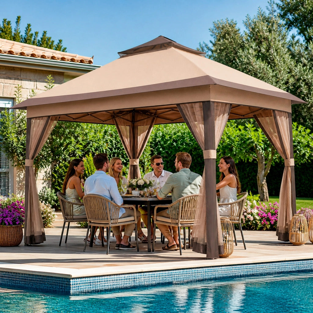 Gazebo Da Giardino Pop Up 3.33 X 3.33 Metri Altezza Regolabile Da 2.7 A 2.9 M Con Zanzariere Removibili Apertura Rapida E Borsa Trasporto Per Eventi Patio Piscina Campeggio Feste Kaki