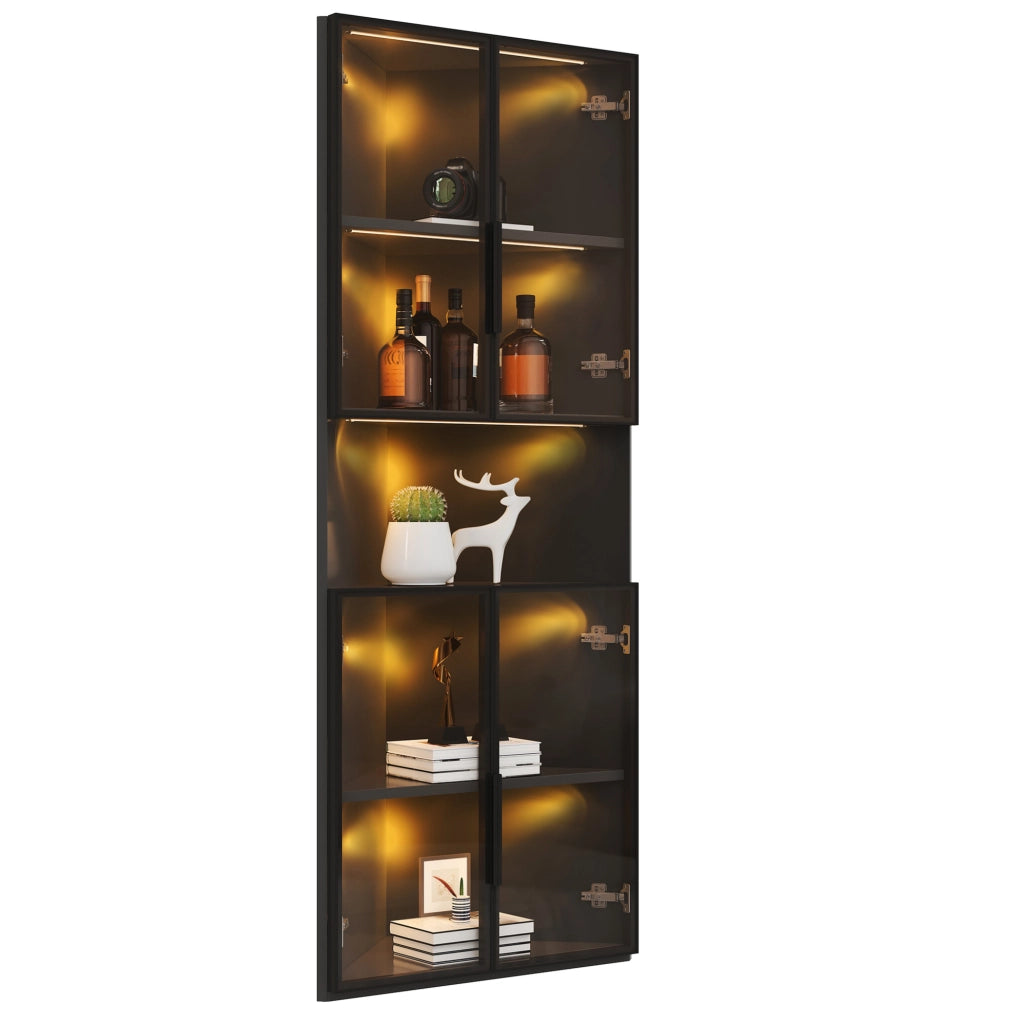 Vetrina angolare triangolare 62x32x160 cm in MDF nero con frontali in vetro e LED