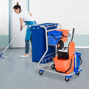 Carrello per pulizie professionale con 4 secchi, pressa mop, sacco rifiuti e ruote, blu, 93 x 80 x 97 cm