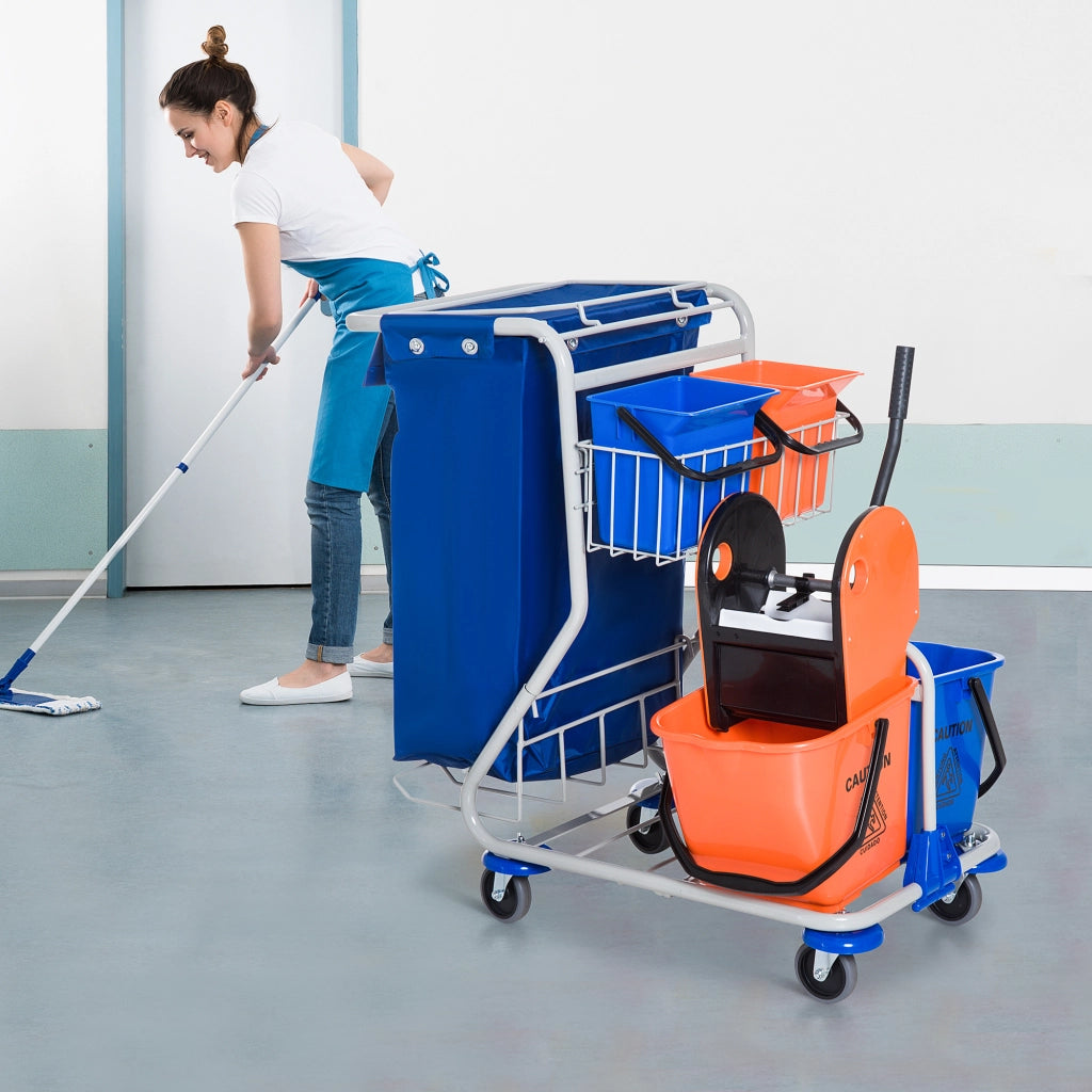 Carrello per pulizie professionale con 4 secchi, pressa mop, sacco rifiuti e ruote, blu, 93 x 80 x 97 cm