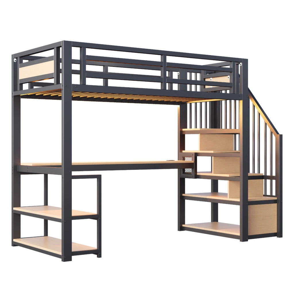Letto a soppalco 90 × 200 cm con scrivania, ripiani, scala contenitore et barriera di sicurezza, senza materasso, in metallo, nero