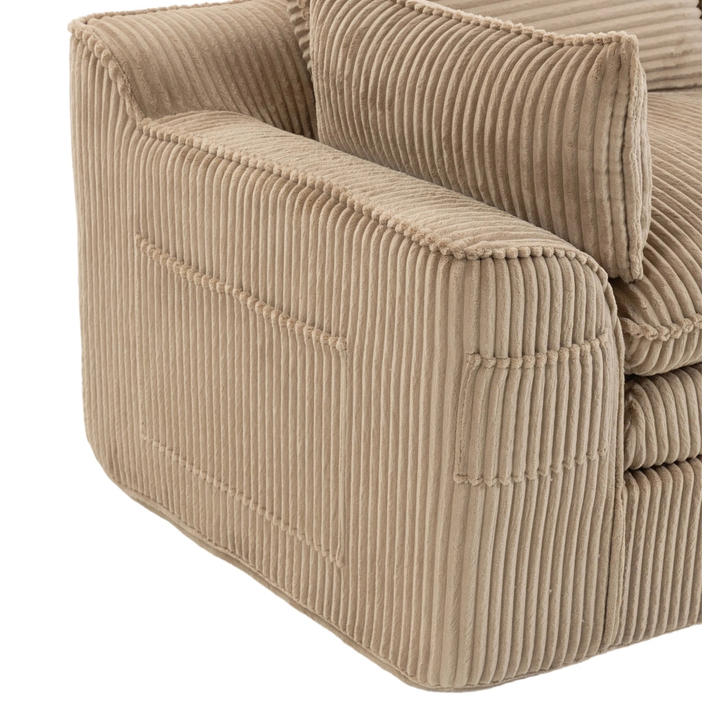 Divano modulare 4 posti in corduroy khaki con tasche laterali e cuscini; 335 x 167 x 85 cm