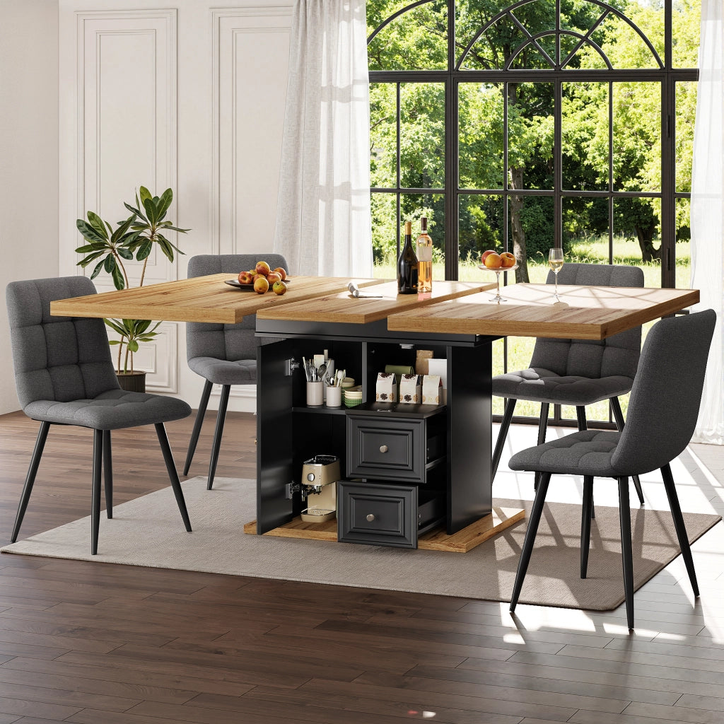Tavolo allungabile con 1 anta, 2 cassetti e vano, MDF e metallo effetto legno naturale, 110 × 80 × 75 cm