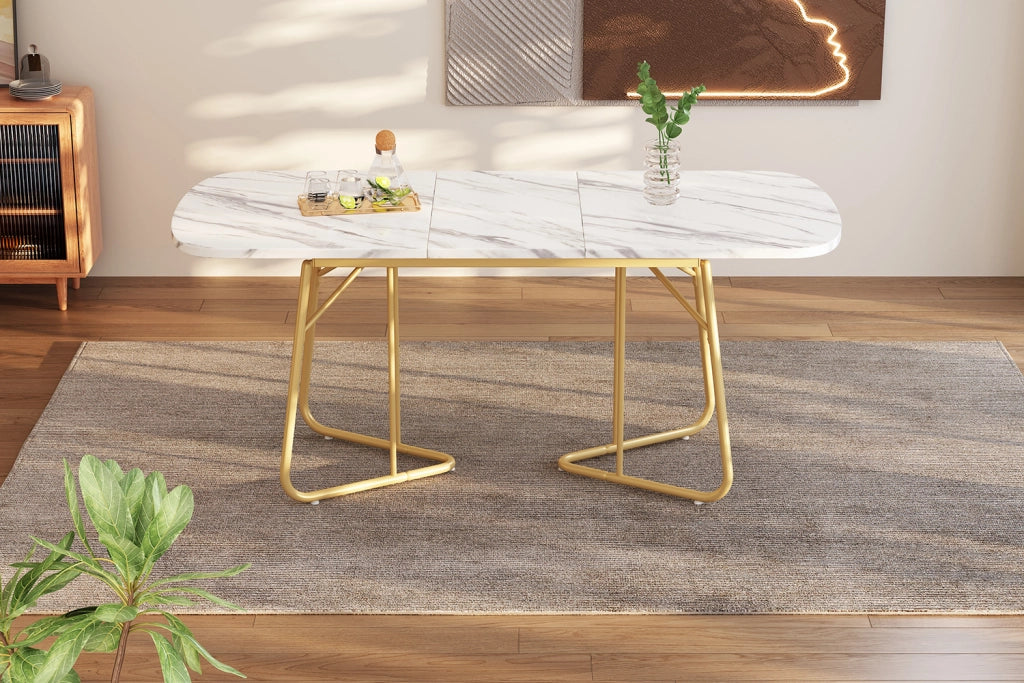 Tavolo da pranzo allungabile bianco effetto marmo 140/180x80 cm con gambe in metallo dorato, stile moderno