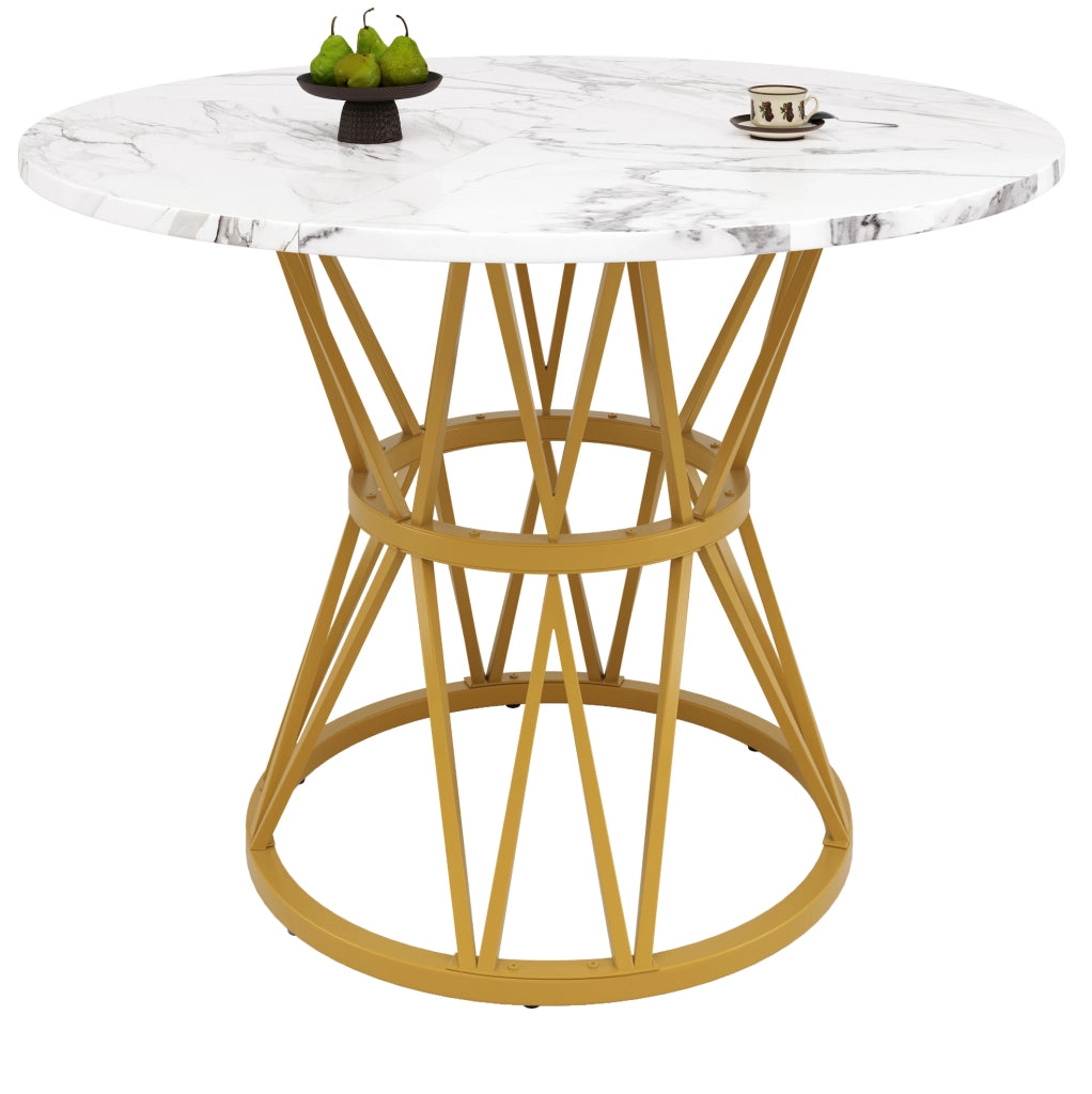 Tavolo da pranzo rotondo 100x100x76 cm con piedini regolabili; piano in MDF effetto marmo oro