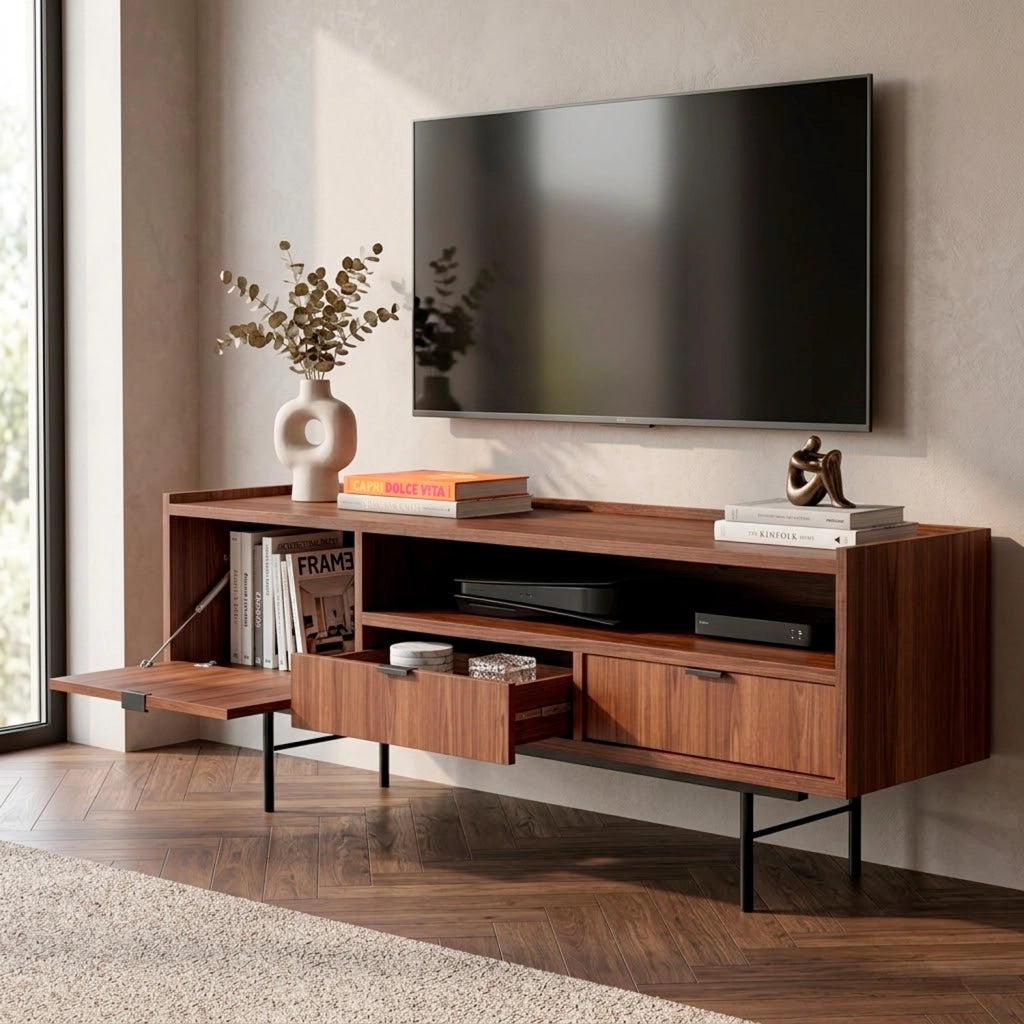 Mobile Porta TV Moderno In Melaminico 1 Anta A Ribalta 2 Cassetti Con Vano A Giorno E Passacavo Per Soggiorno Salotto Zona Living Design Contemporaneo 150 X 40 X 55 Cm Noce