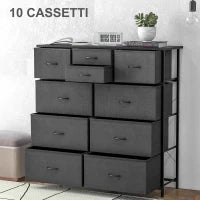 Cassettiera 10 Cassetti Moderna in Tessuto non Tessuto, Acciaio e MDF, 100x30x100 cm, Nera