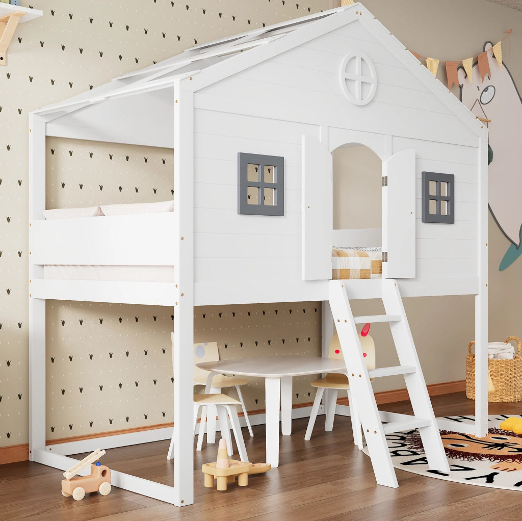 Letto a soppalco per bambini 90x200 cm bianco e grigio
