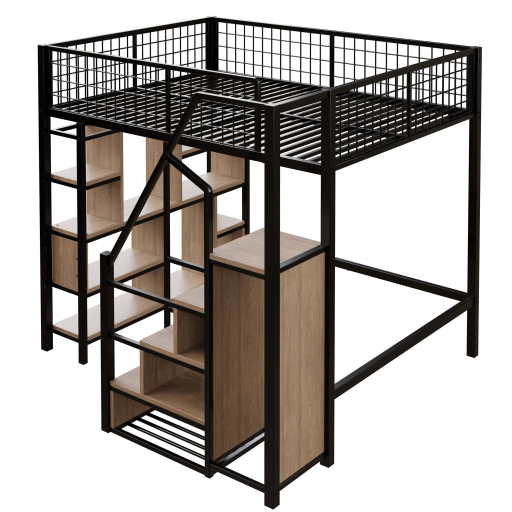 Letto a soppalco 140 x 200 cm con scala contenitore e vani portaoggetti in metallo e legno nero