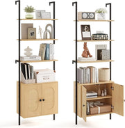 Scaffale Salvaspazio 60 x 30 x 184 cm, Libreria a 3 Livelli con Ripiano Regolabile, Struttura in Metallo, Armadietto in Rattan e Scaffale Aperto, Mobile Bagno per Soggiorno e Ufficio