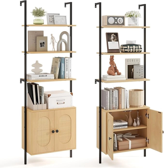 Scaffale Salvaspazio 60 x 30 x 184 cm, Libreria a 3 Livelli con Ripiano Regolabile, Struttura in Metallo, Armadietto in Rattan e Scaffale Aperto, Mobile Bagno per Soggiorno e Ufficio