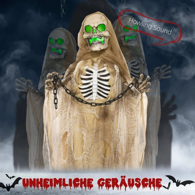 Desviae Scheletro decorativo di Halloween sospeso animato in plastica khaki con luci e suoni per interni ed esterni protetti