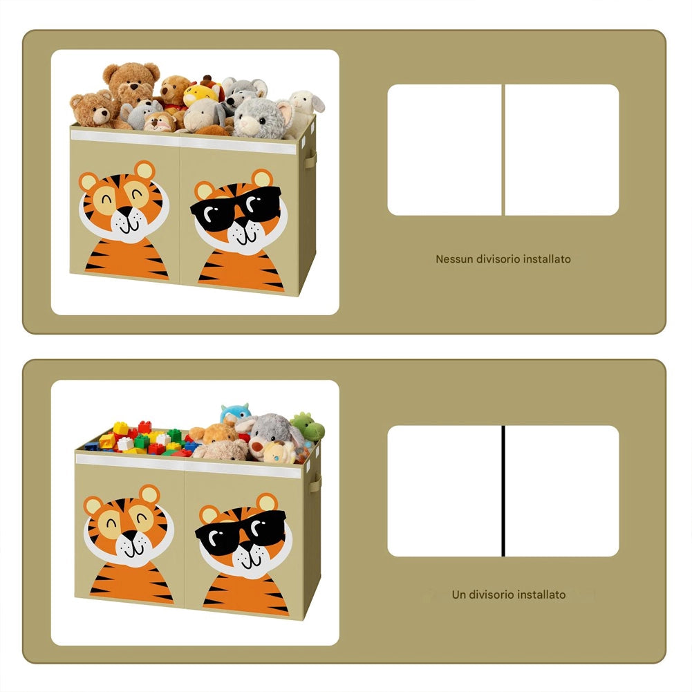 Box Contenitore Giocattoli con Animali Doppio Pieghevole 80L Beige Salvaspazio