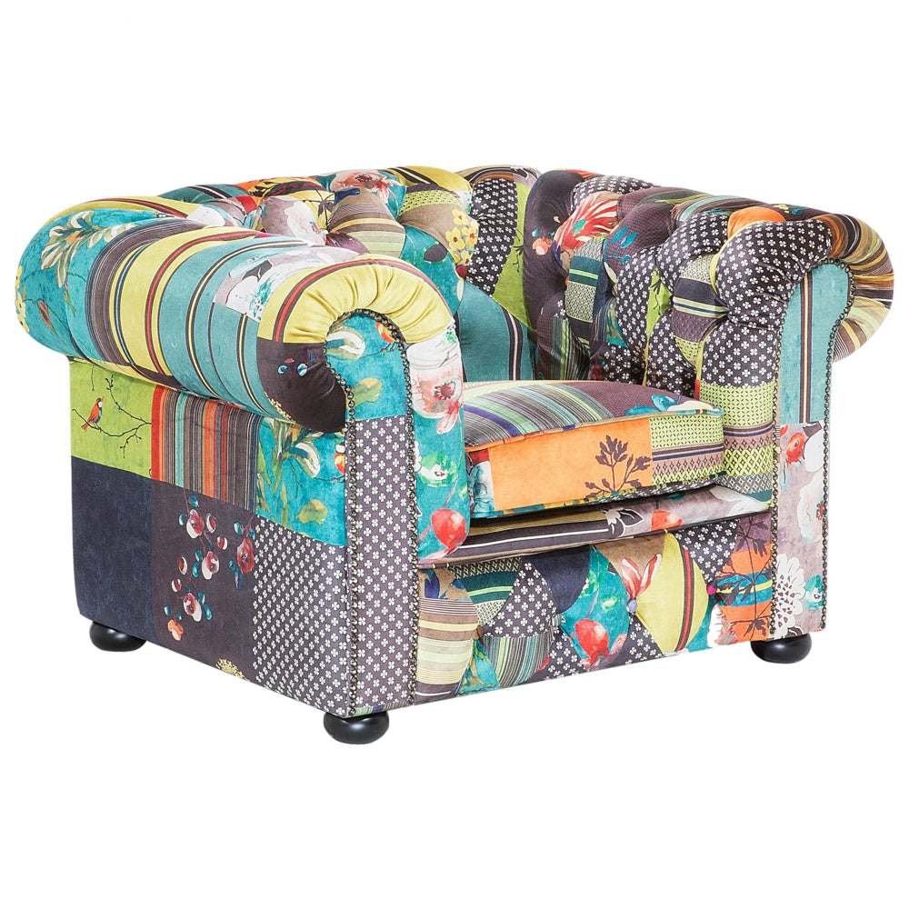 Poltrona Tessuto Multicolore Braccioli a voluta con inserti Giallo Patchwork Eclettico