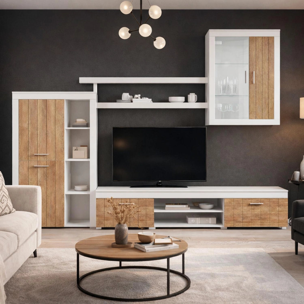 Parete Attrezzata Moderna Con Mobile TV Ante Vetrinetta Mensole E Vani A Giorno Moduli Sospesi Per Soggiorno Salotto 293 X 193 X 50 Cm Bianco E Noce