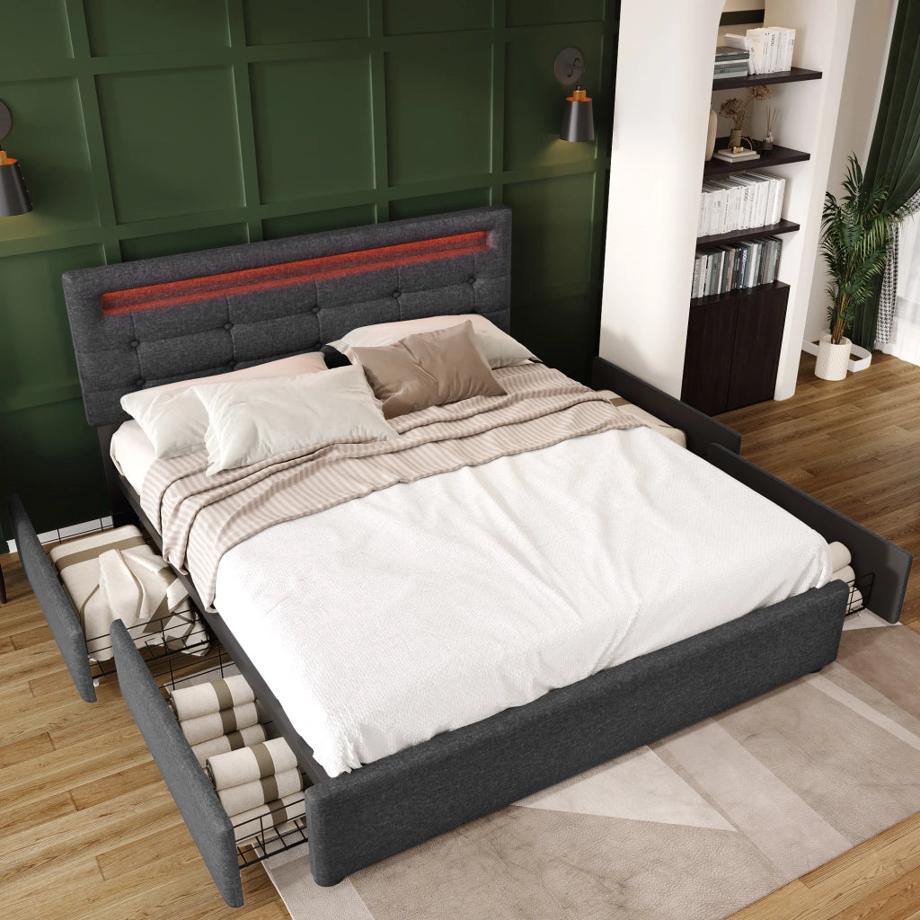 LETTO imbottito con LED e 4 cassetti 140x200 cm grigio