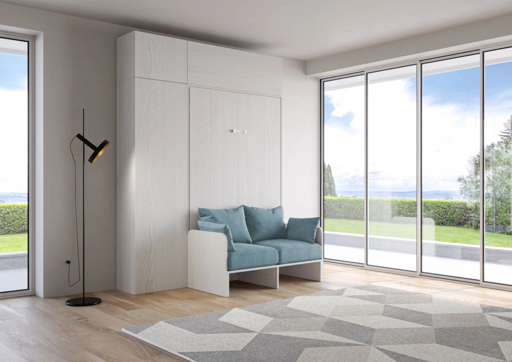 Letto matrimoniale francese a scomparsa 140 Kentaro con divano e mobili bianco frassino, azzurro