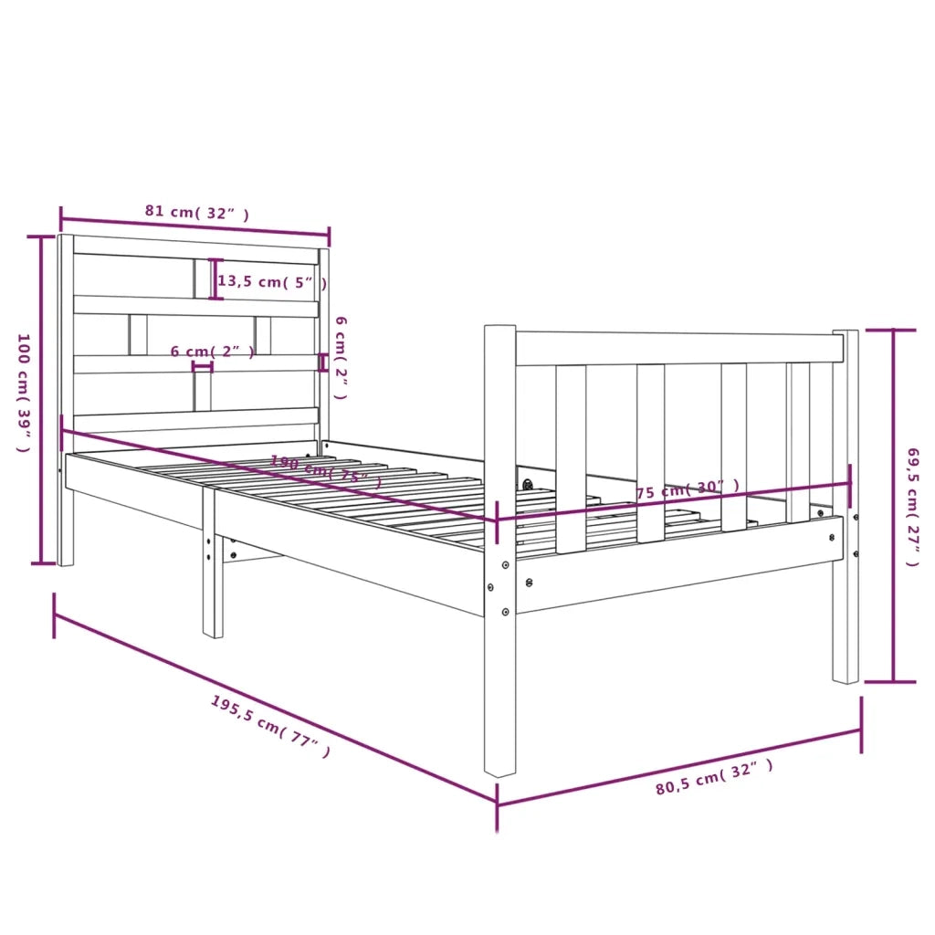 Giroletto-Struttura Letto in Legno Massello Grigio 75x190 cm Small Single 637865