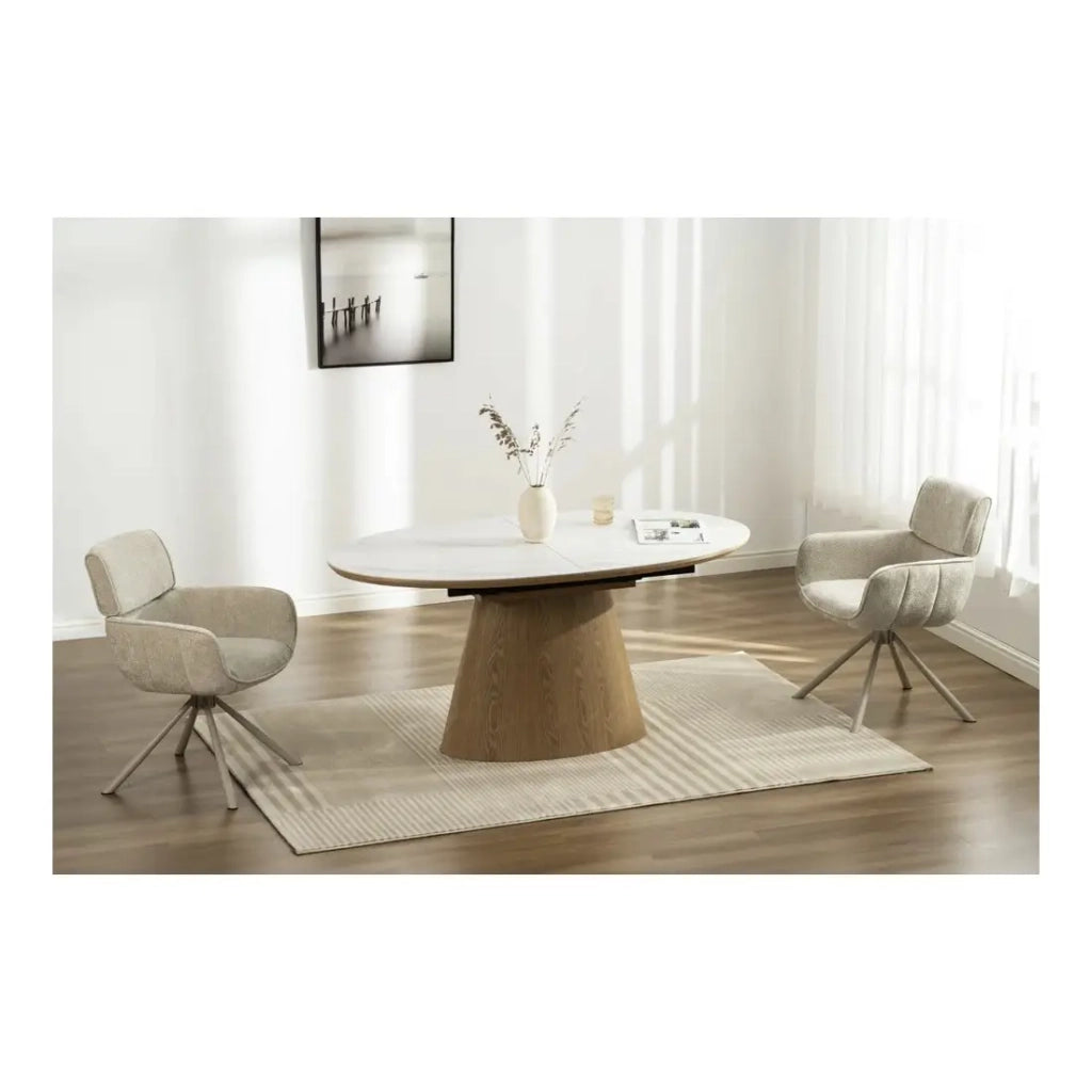 Table LUMEA – Effetto marmo bianco ceramico e legno – 160-200 cm – Estensibile – Forma ovale