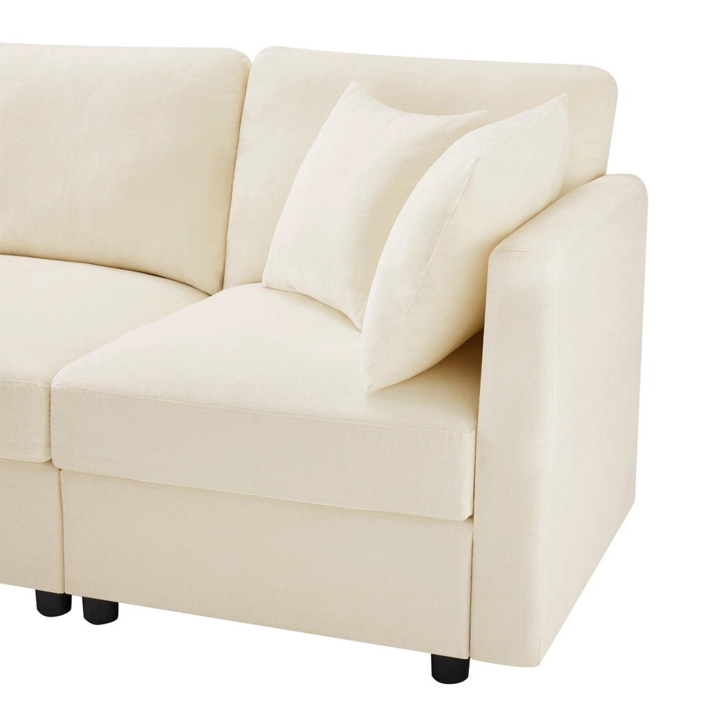 Divano angolare modulare con pouf, 4 cuscini e braccioli regolabili, in ciniglia beige 218 × 156,5 × 86 cm