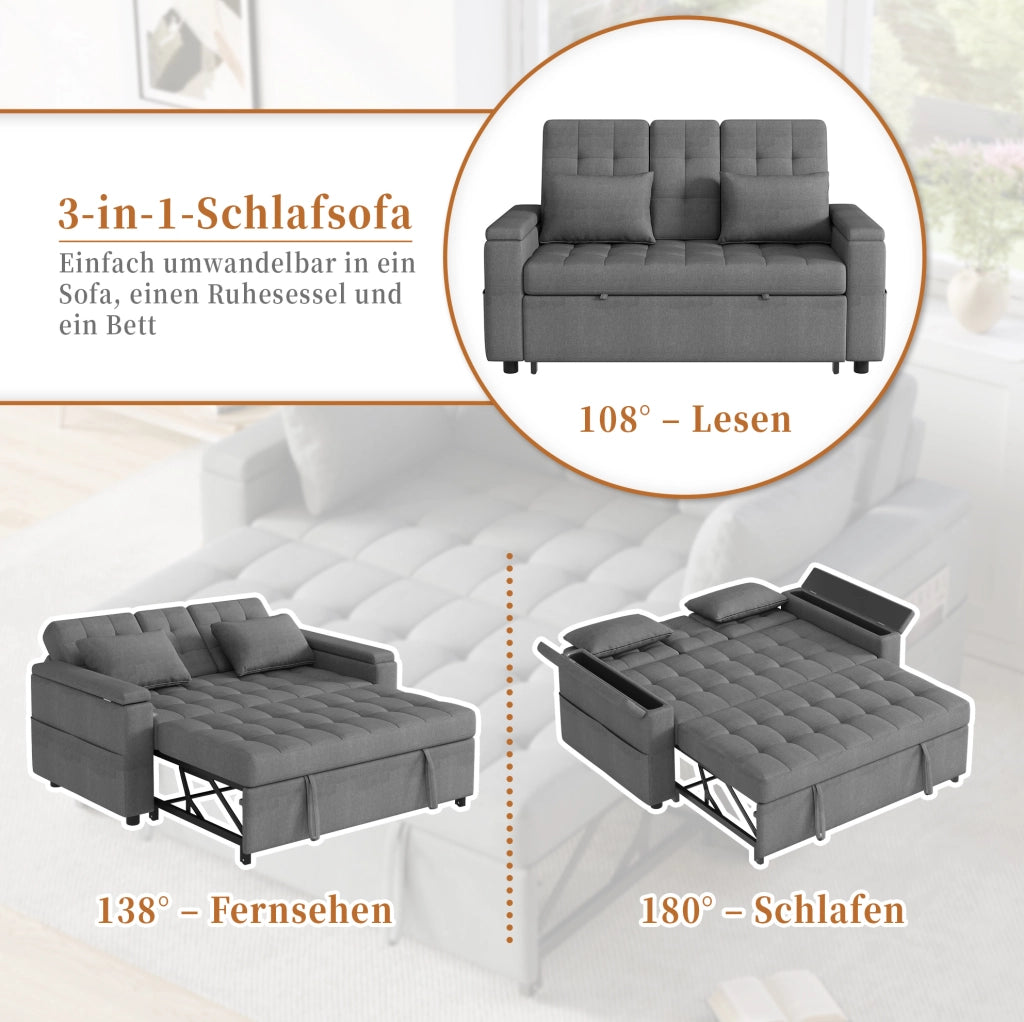 Divano letto a 2 posti con schienale regolabile; contenitori laterali; 2 cuscini; grigio