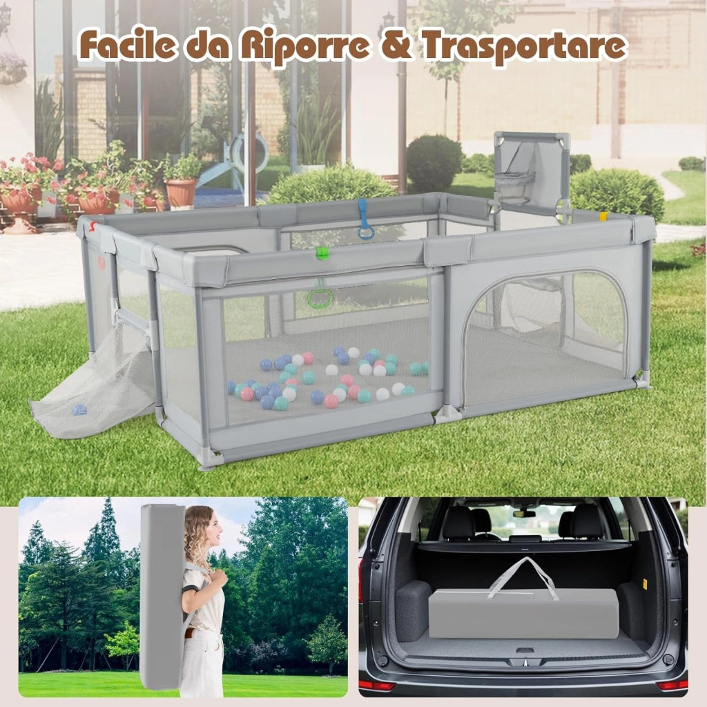 Box Bambini 190 x 160 cm, Recinto Pieghevole Bambini con Canestro da Basket, 2 Porte da Calcio, 50 Palline e 4 Anelli, Centro Attività con Borsa Trasporto per Neonati 0-3 Anni